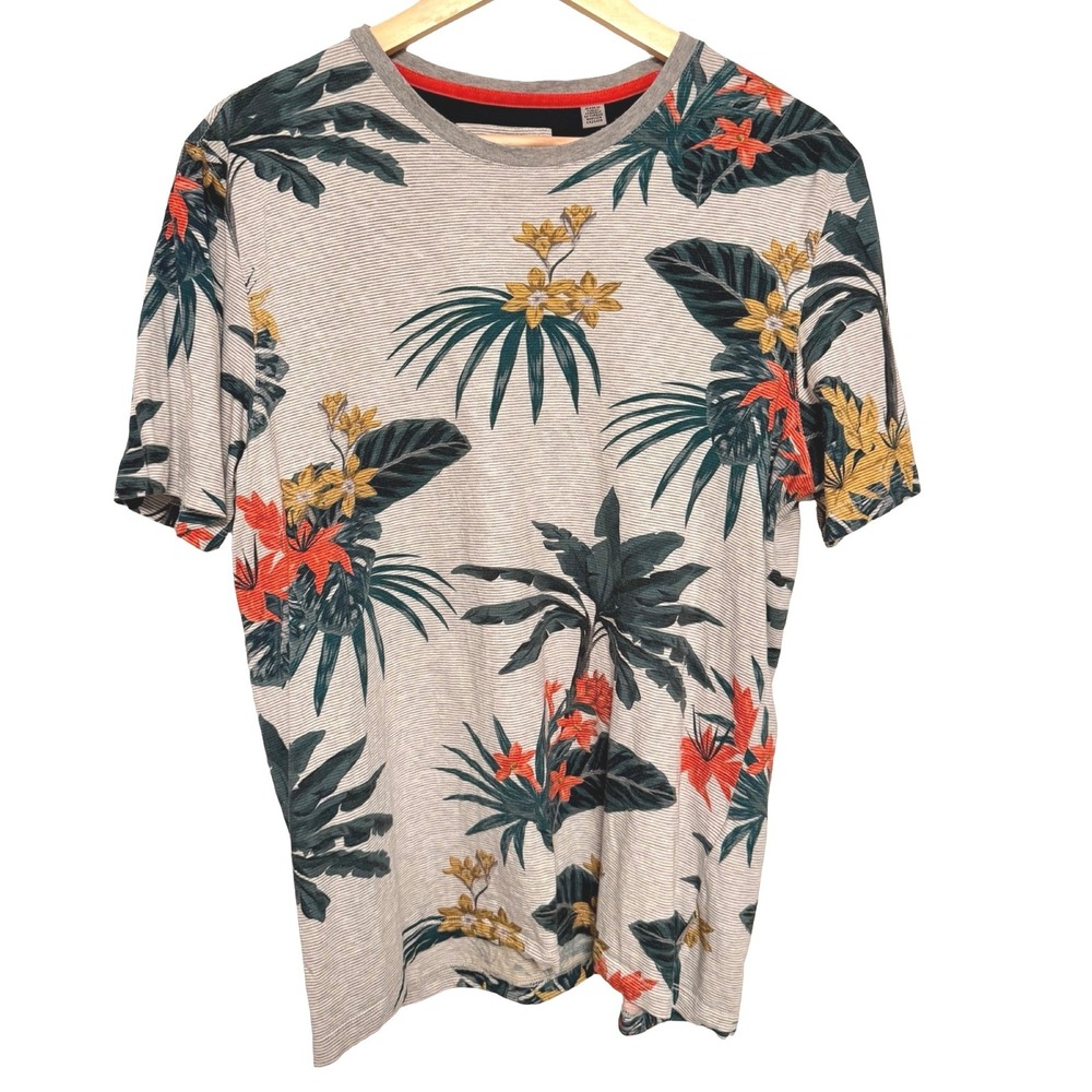 Ted Baker Floral Stripe Short Sleeve T-Shirt Size 4 Gray Tropical Palm Hibiscus